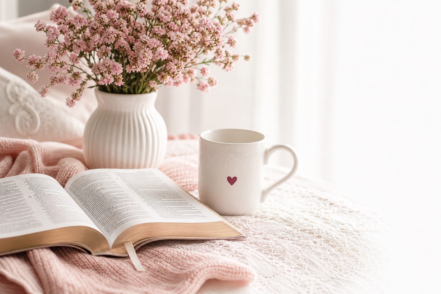 Open Bible with flowers and a warm drink